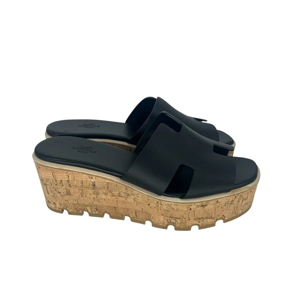 Hermès Eze 30 Cork Platform H Slide Sandals Black Leather Size 40